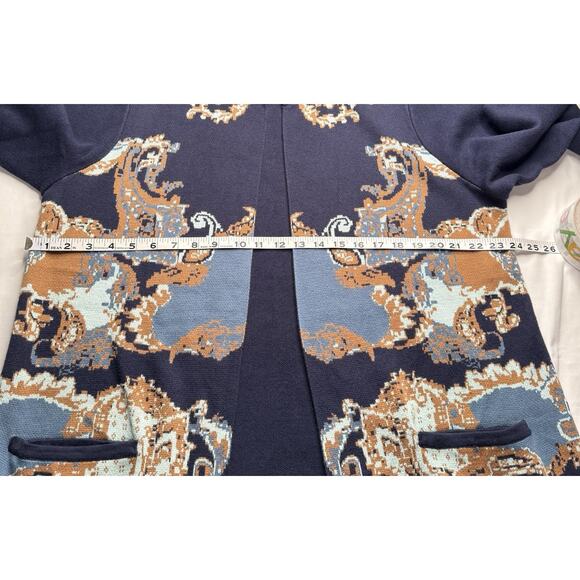 Susan Graver Weekend L Open Jacquard Duster Cardigan Stand Collar Blue Tan - Picture 5 of 15
